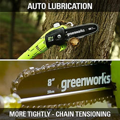 Greenworks polesaw bar and chain close-up highlighting automatic oiler benefit