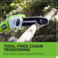 Greenworks close-up of 8-inch polesaw bar and chain emphasizing smooth cutting benefit