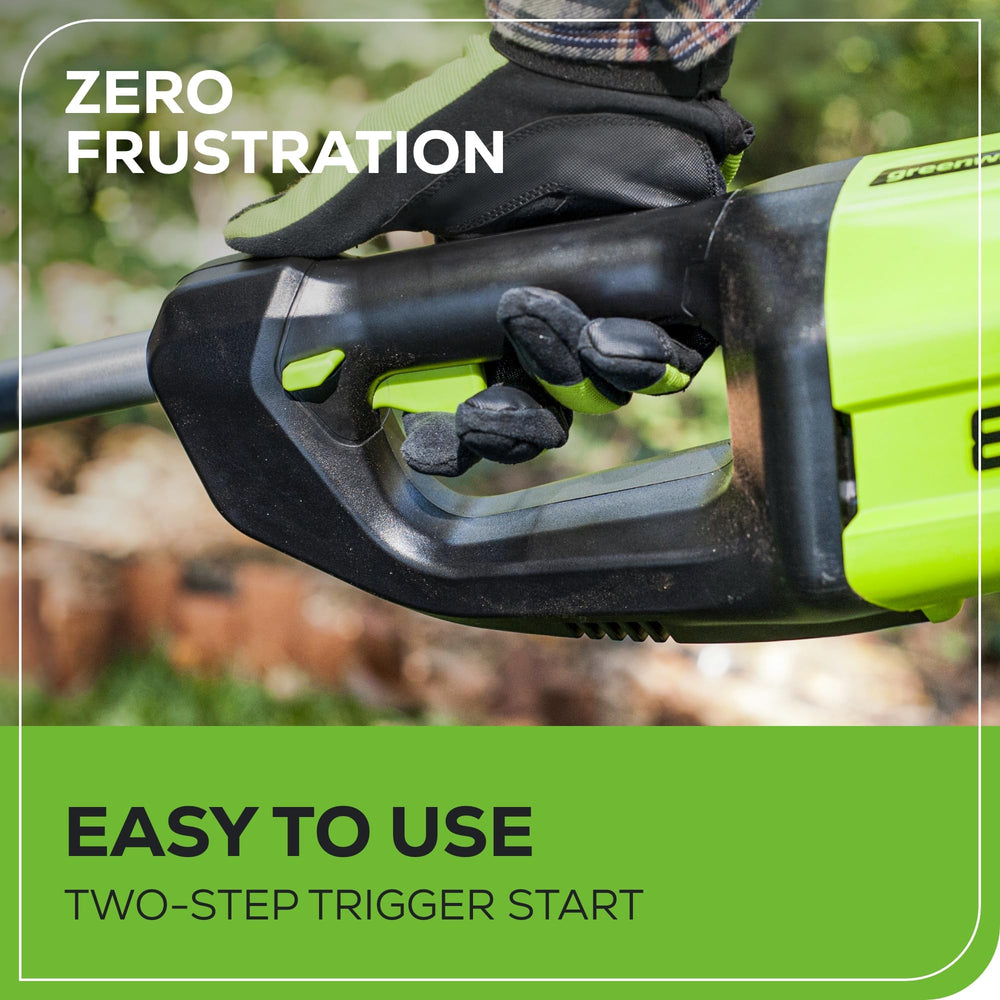 Greenworks 2.0Ah battery and charger showing quick recharge benefit