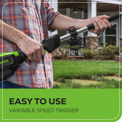 Greenworks 2.0 Ah battery and rapid charger highlighting quick recharge benefit