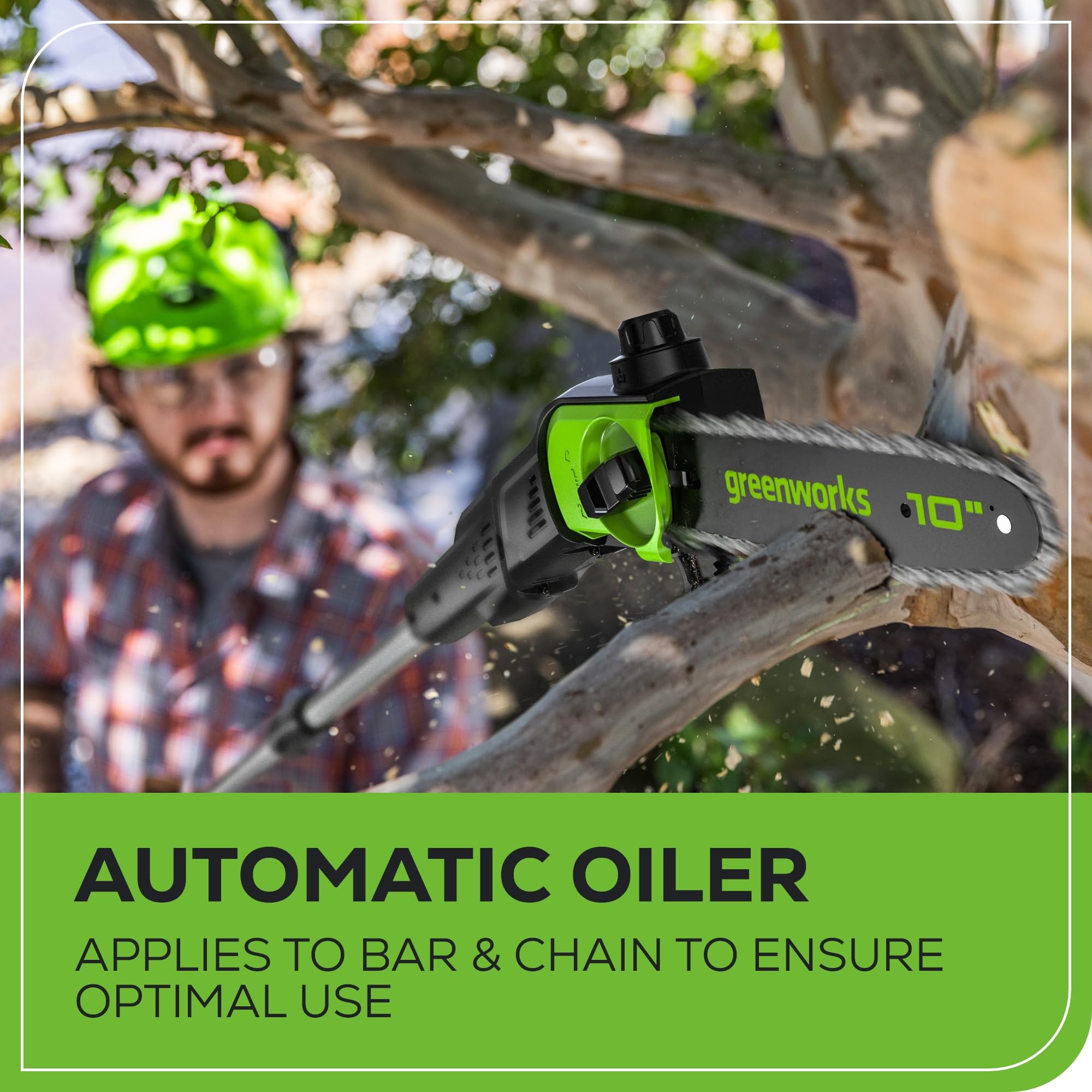 Greenworks polesaw fully extended demonstrating over nine foot reach advantage