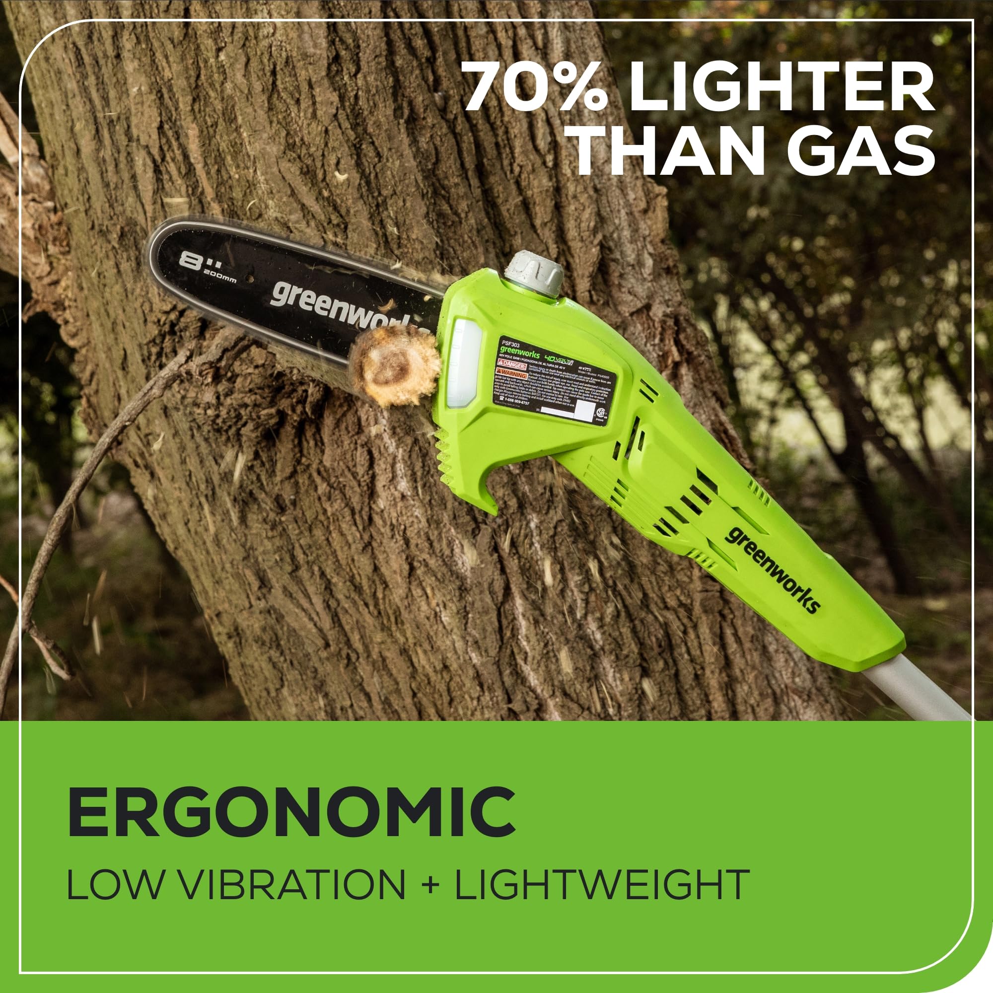 Greenworks polesaw fully extended demonstrating reach and ladder-free trimming