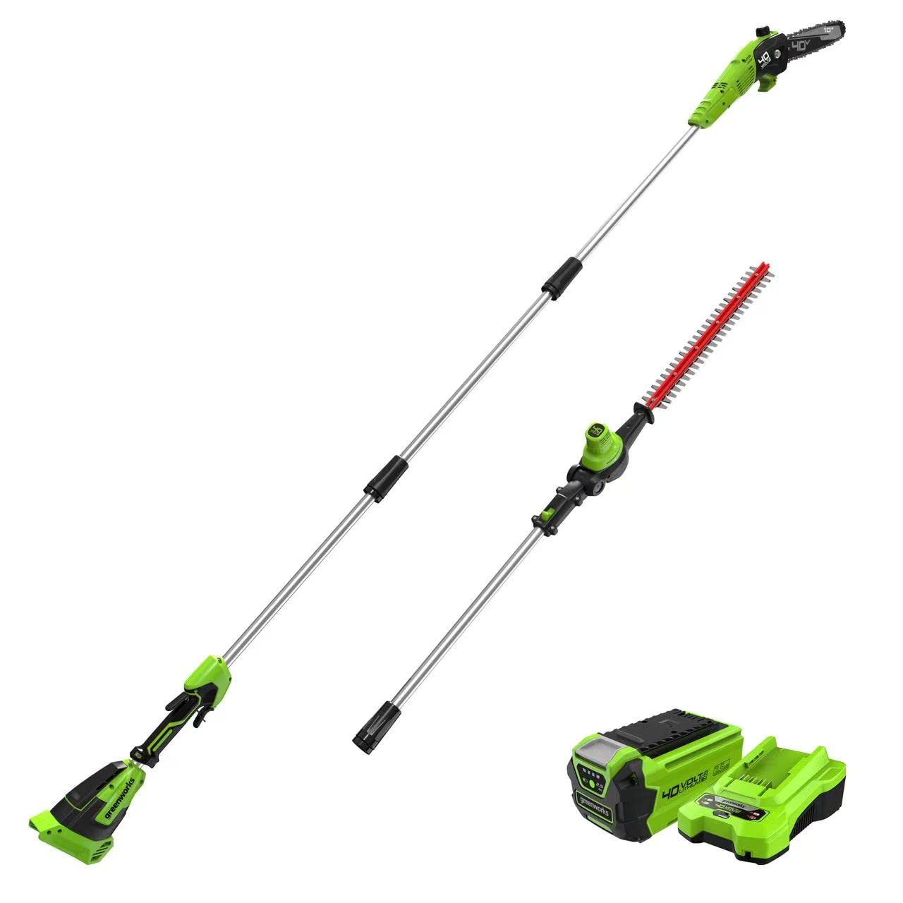 Greenworks pole saw front angle showing bar for safer high-branch cutting