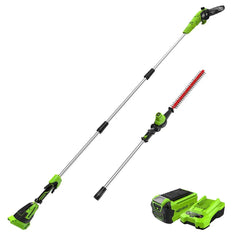 Greenworks pole saw front angle showing bar for safer high-branch cutting