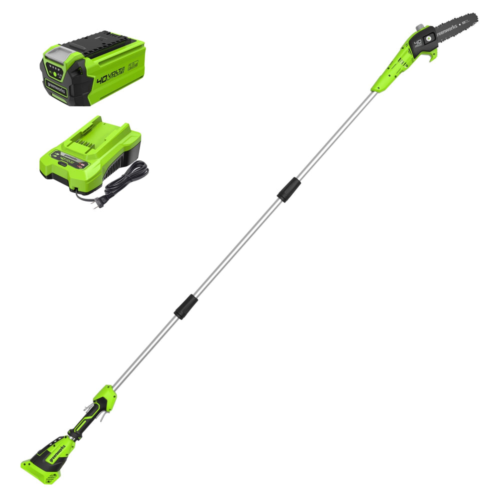 Greenworks polesaw front view showing included kit and ready-to-use benefit