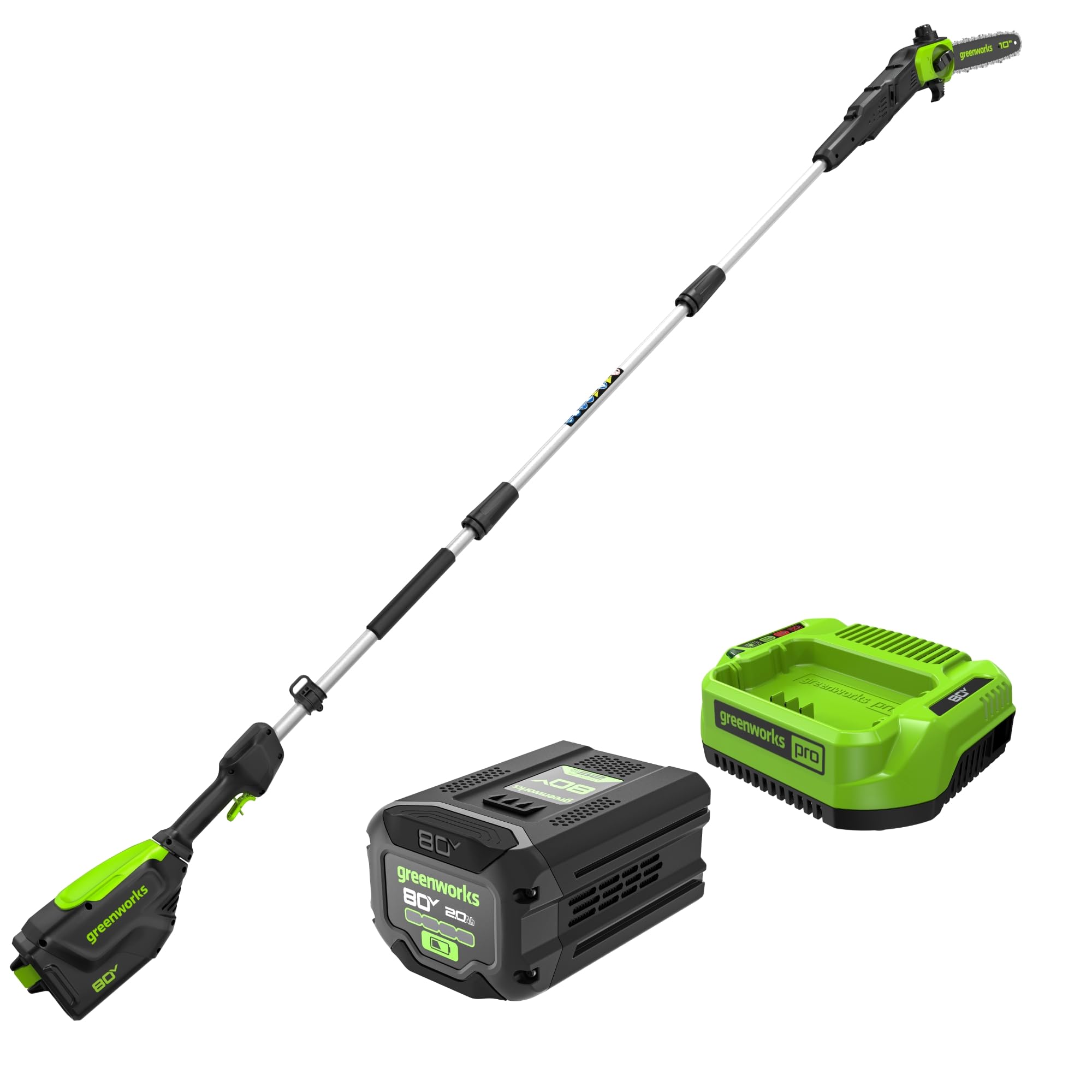 Greenworks polesaw front packaging showing included battery and charger for fast start