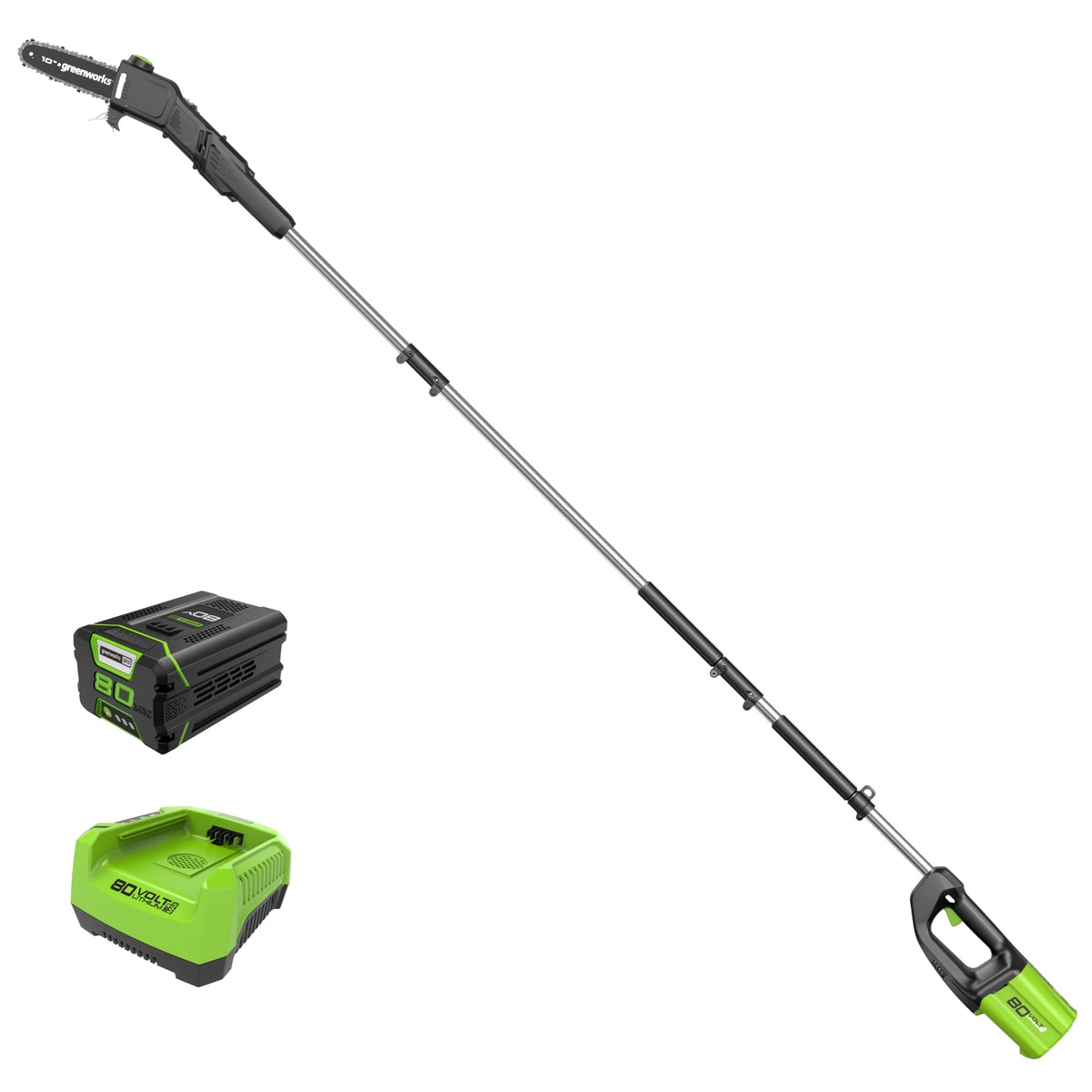 Greenworks polesaw front view showing tool and ready-to-use convenience