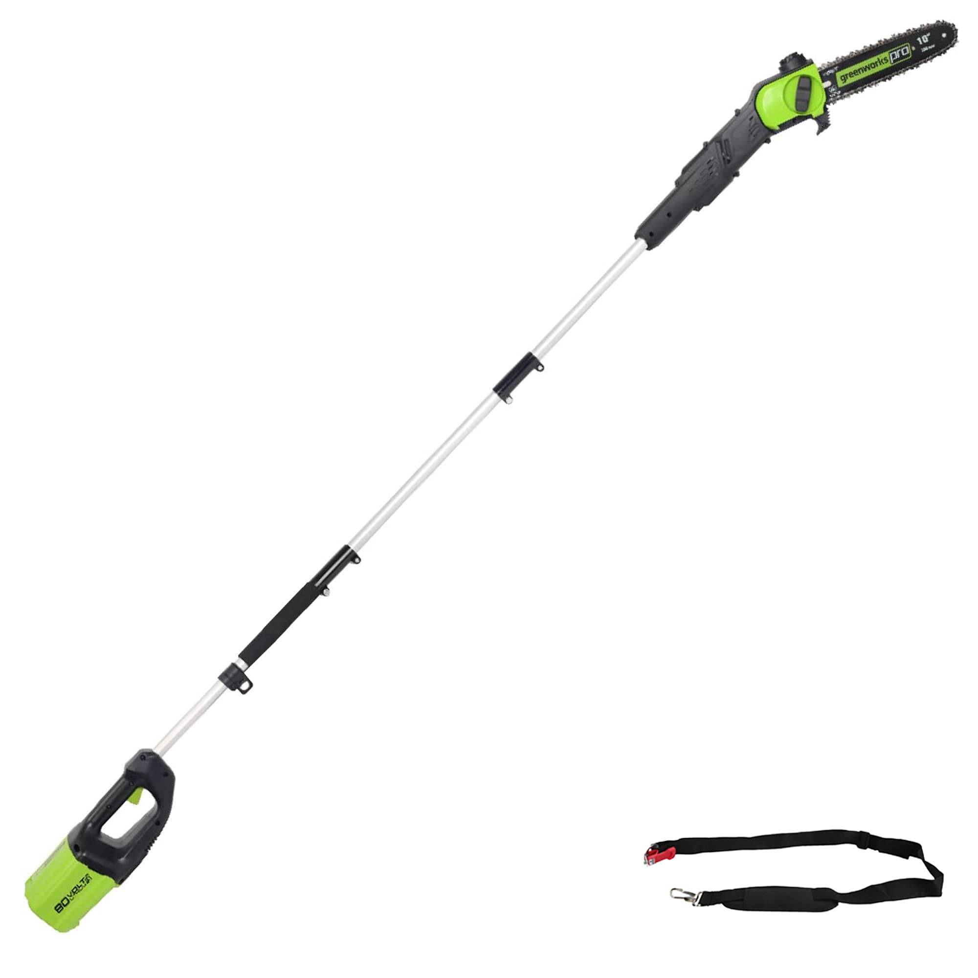 Greenworks polesaw front view showing compact 10-inch bar and balanced design for easy pruning