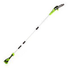 Greenworks polesaw front view showing 8-inch bar and chain for precise trimming