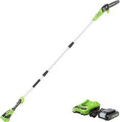 Greenworks polesaw front view showing bar and compact design for easy storage