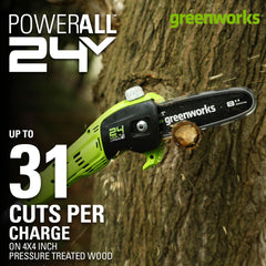Greenworks polesaw extended aluminum shaft showing long reach for high branches