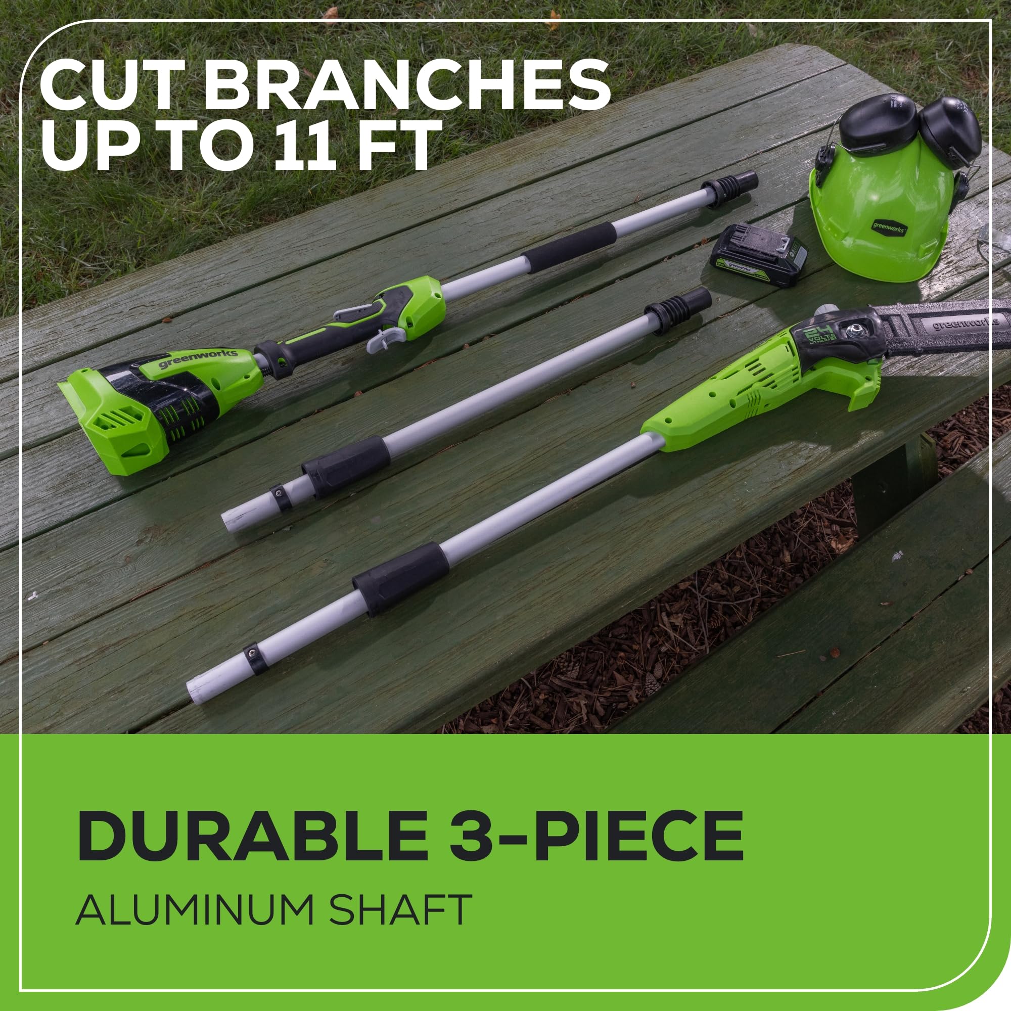 Greenworks cushioned overmold grip on pole saw delivering comfortable control