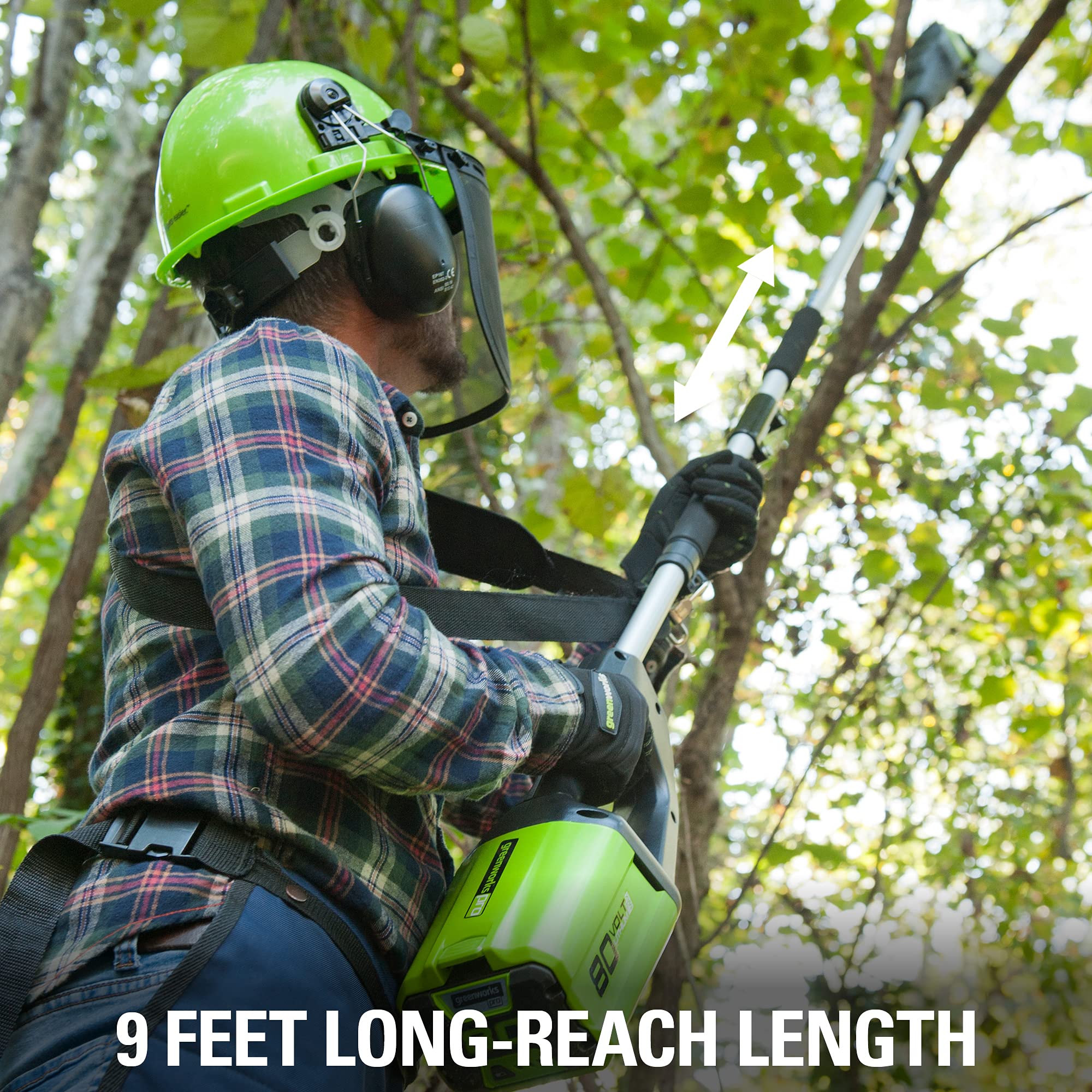 Greenworks polesaw beside a tape measure illustrating pole length and reach advantage
