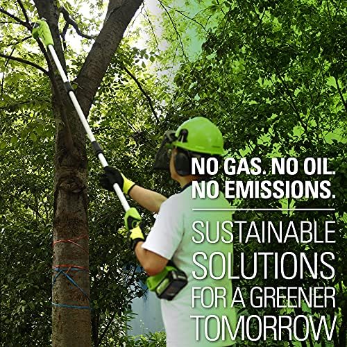 Greenworks polesaw next to person showing scale and easy maneuverability