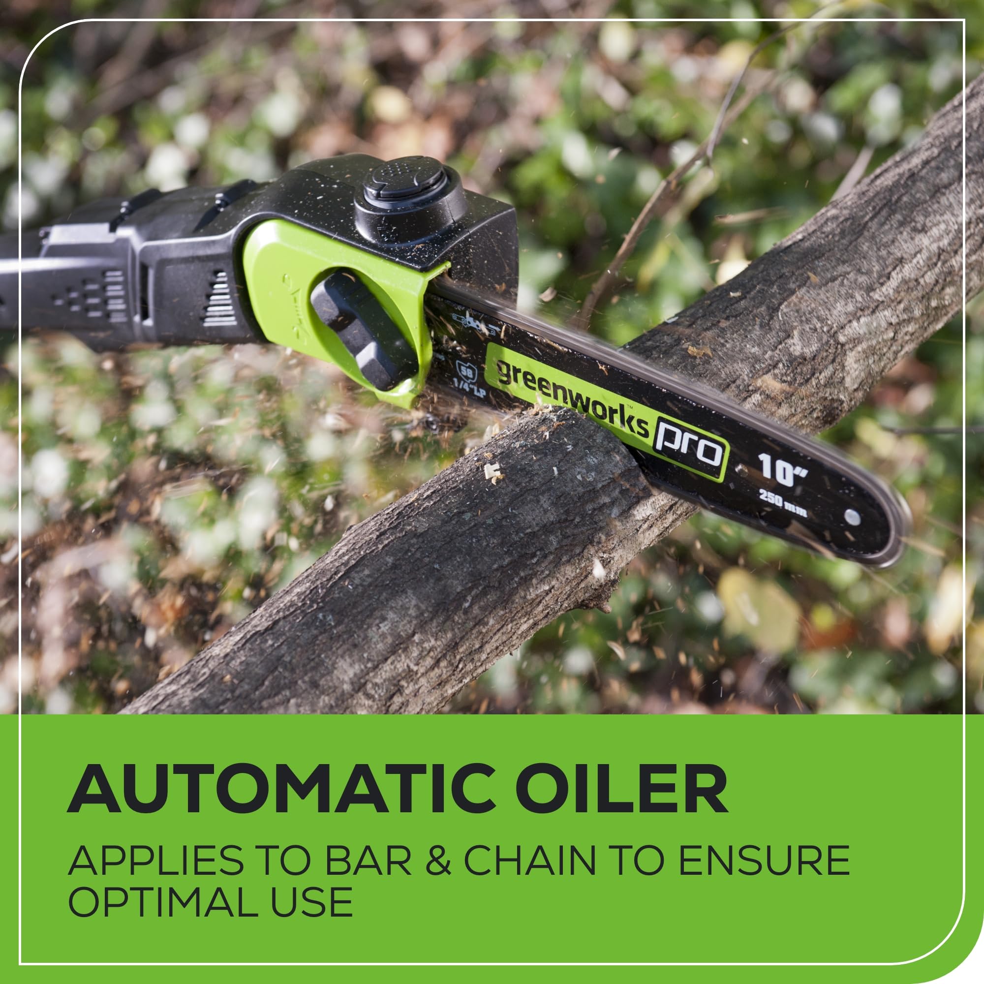 Greenworks telescoping shaft detail showing lightweight reach and balance