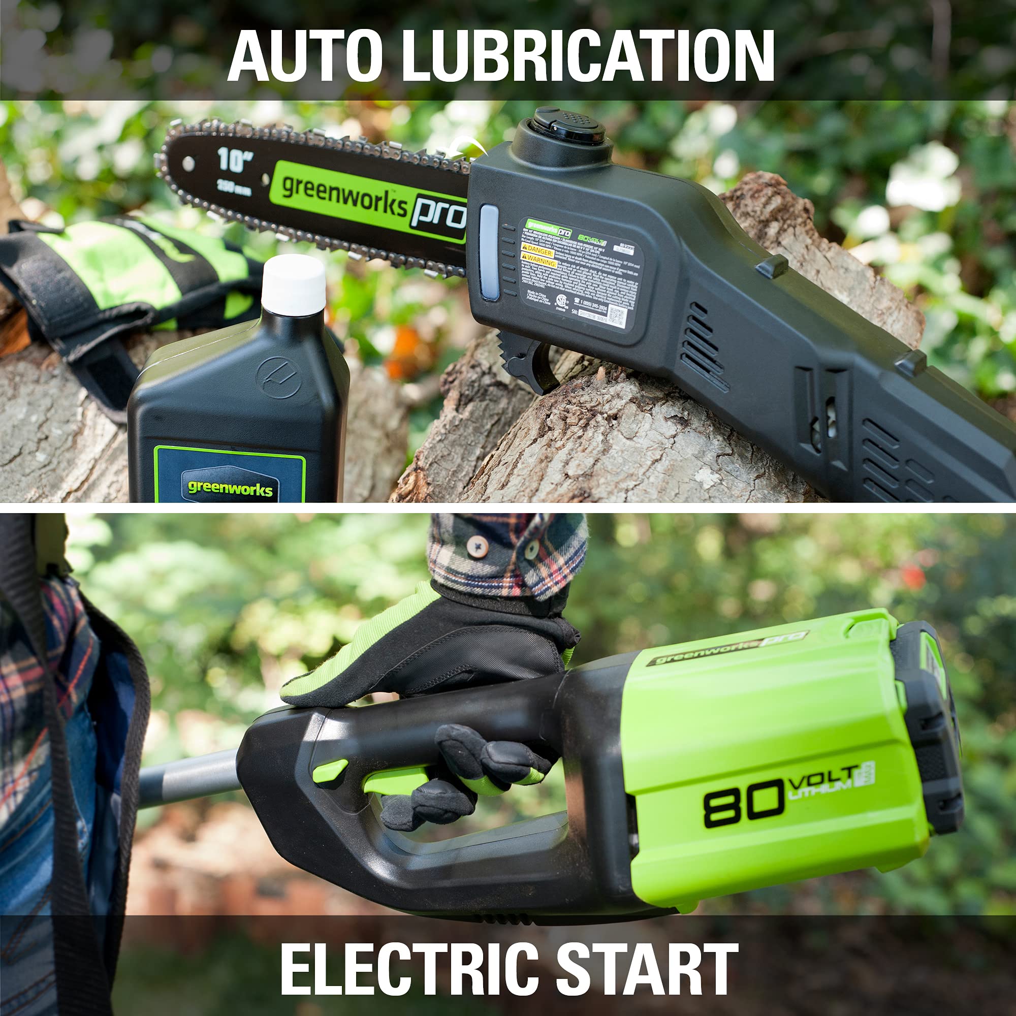 Greenworks demonstration of tool-less chain tensioning for quick maintenance without tools