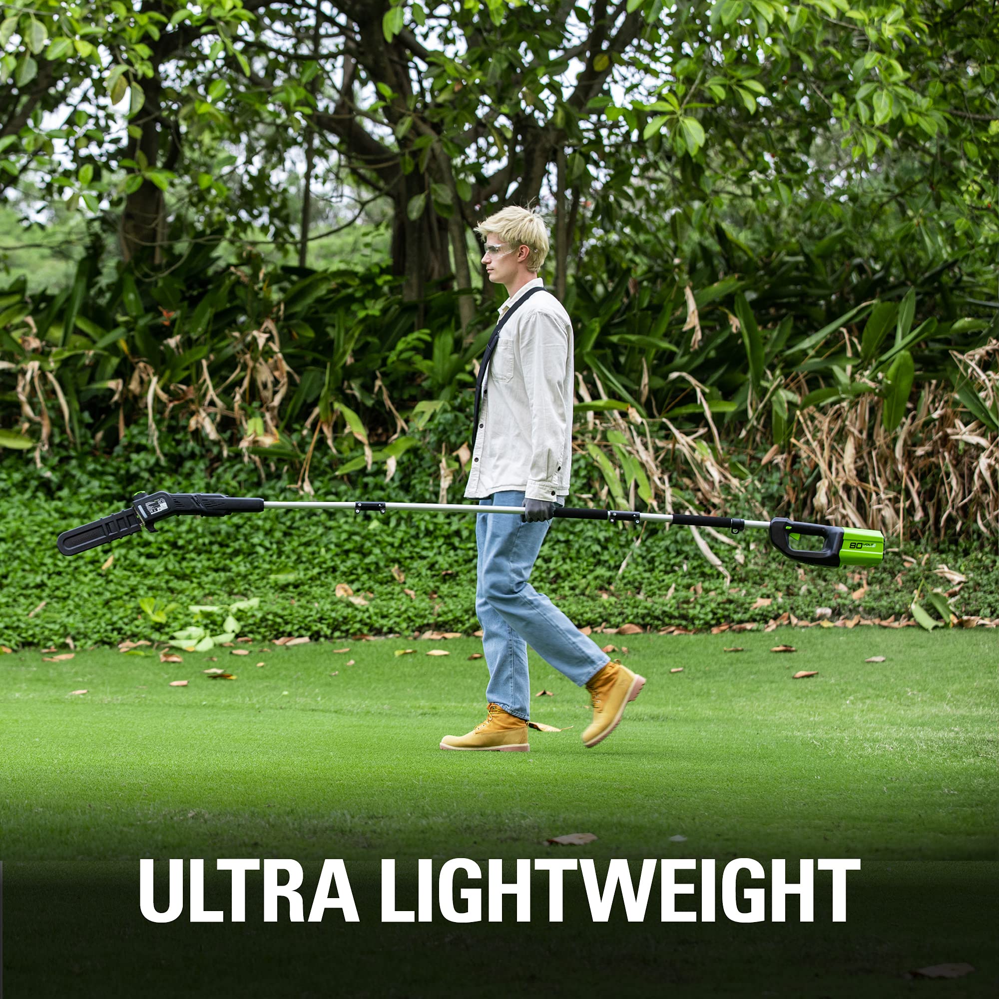 Greenworks polesaw fitted with an 80V battery showing cross-compatibility with other tools
