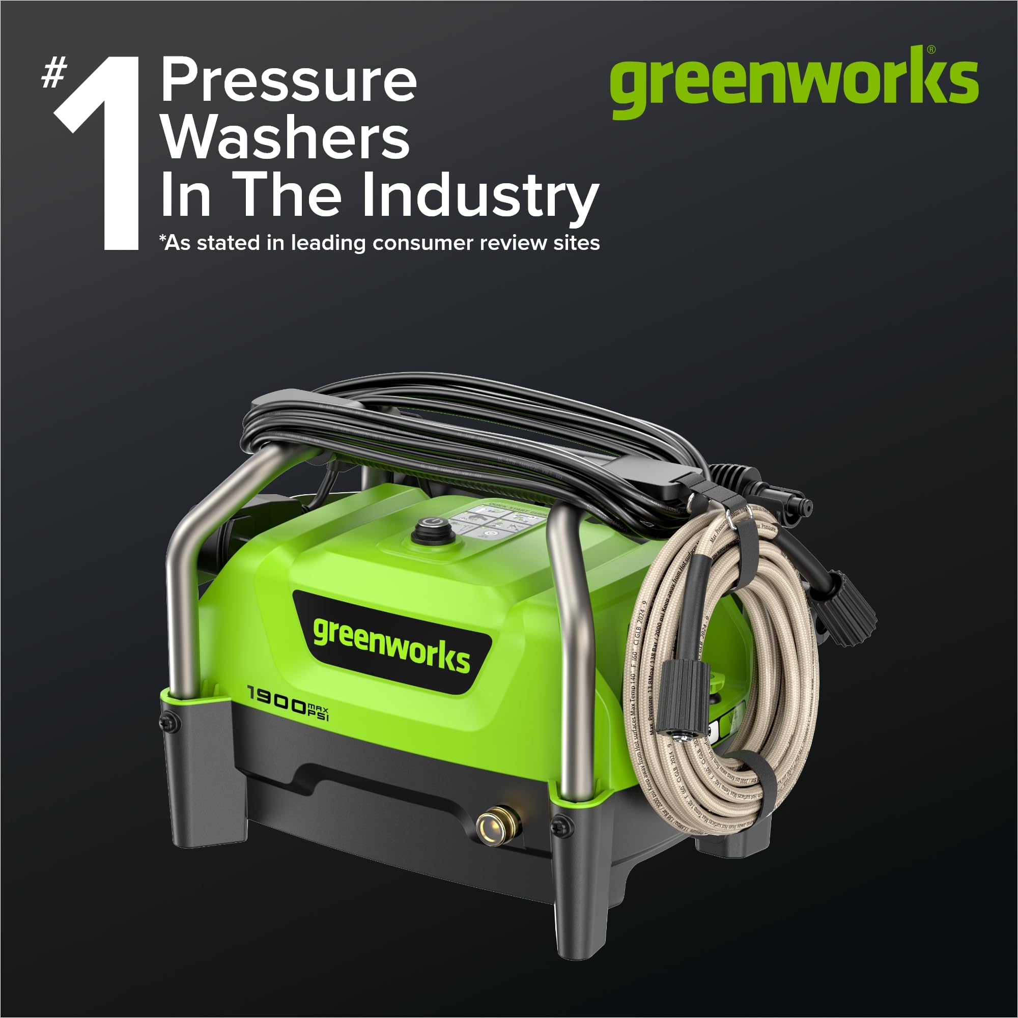 Greenworks pressure washer gun and included nozzles showing versatile cleaning options