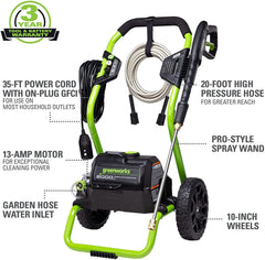 Greenworks high-pressure hose detail highlighting extended reach benefit