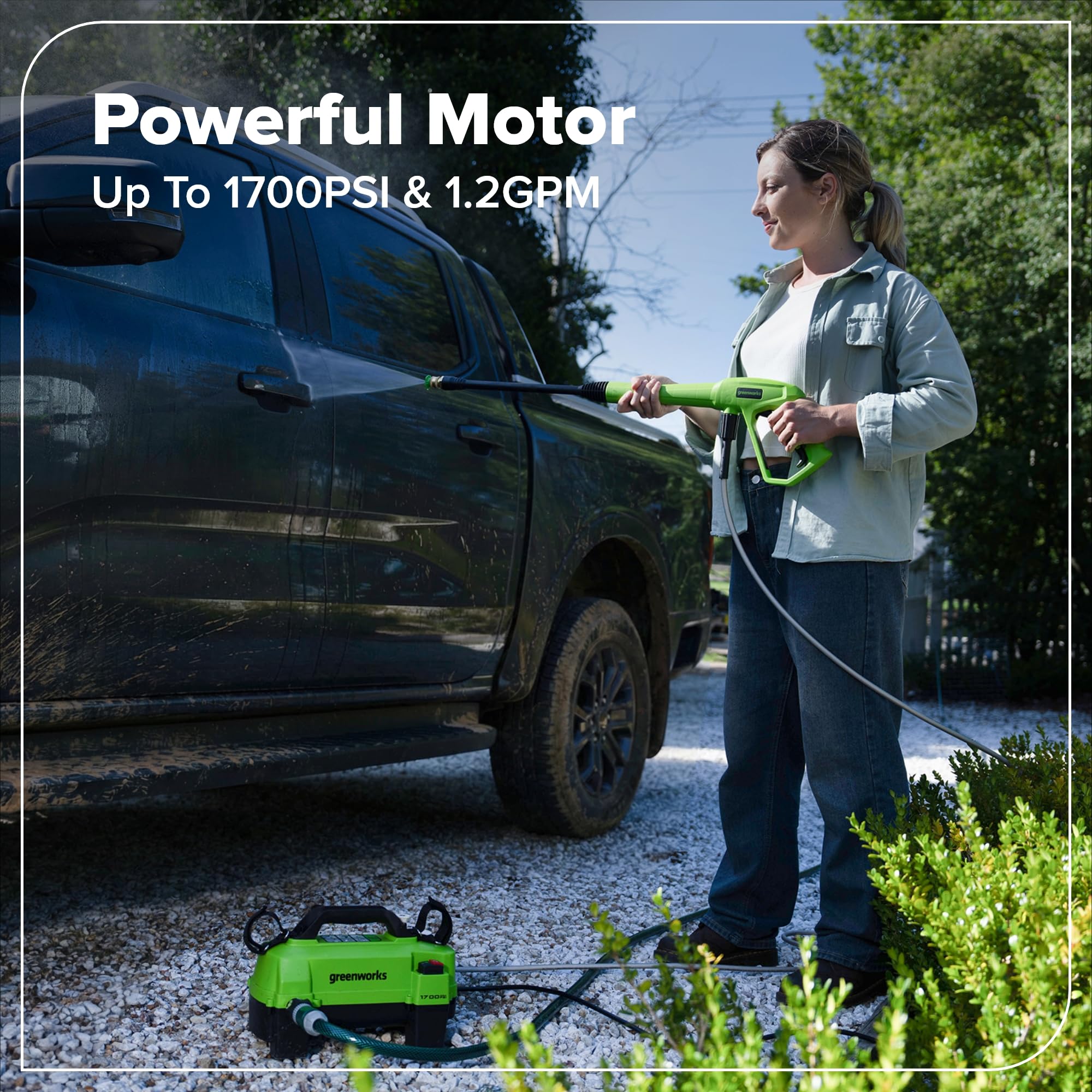 Greenworks pressure washer cleaning car showing gentle effective wash