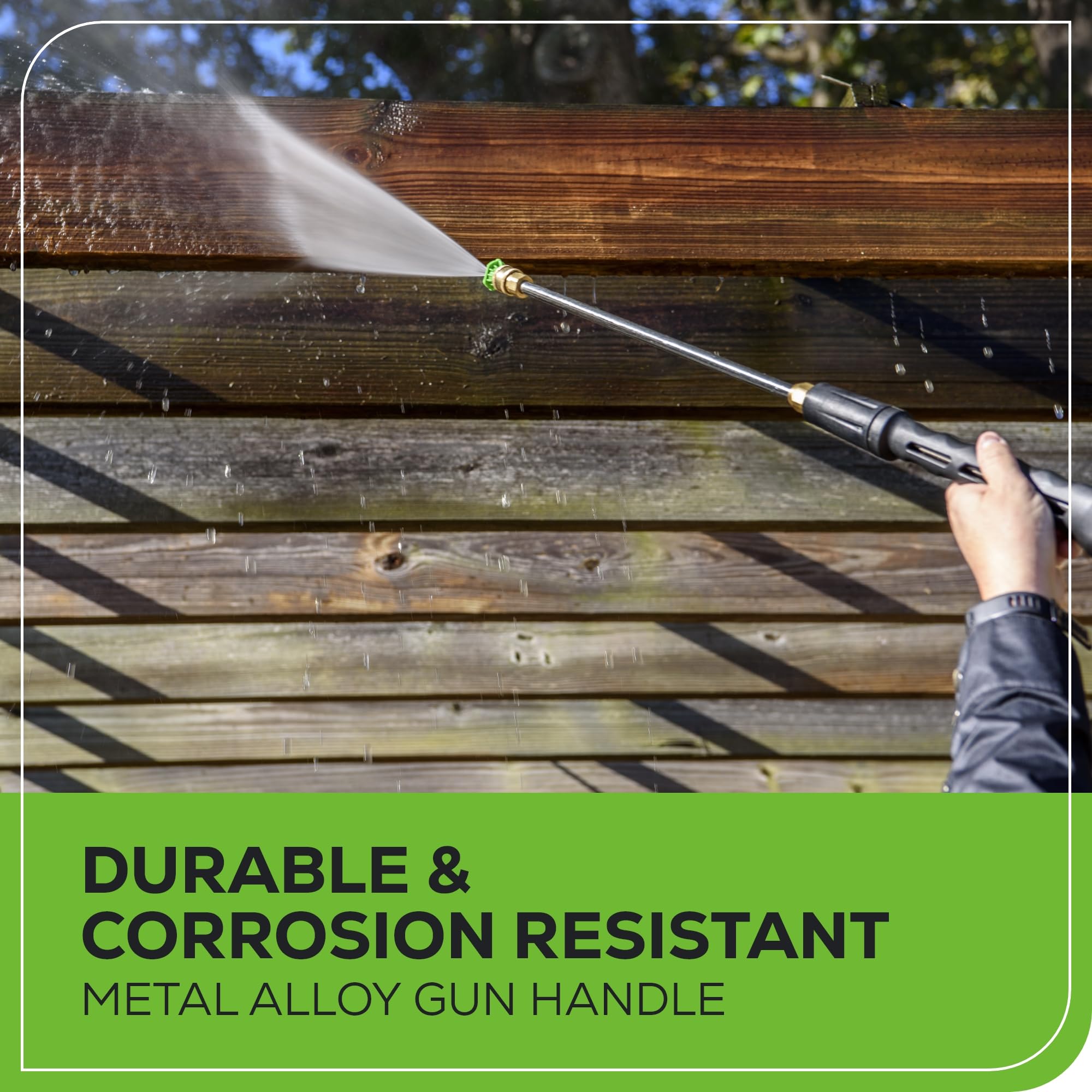 Greenworks quick-connect wand detail highlights fast nozzle changes and convenience
