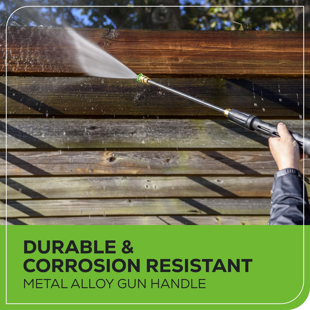 Greenworks quick-connect wand detail highlights fast nozzle changes and convenience