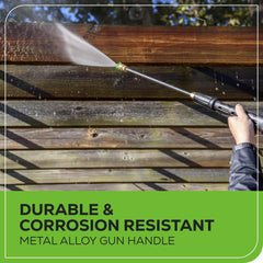 Greenworks quick-connect wand detail highlights fast nozzle changes and convenience