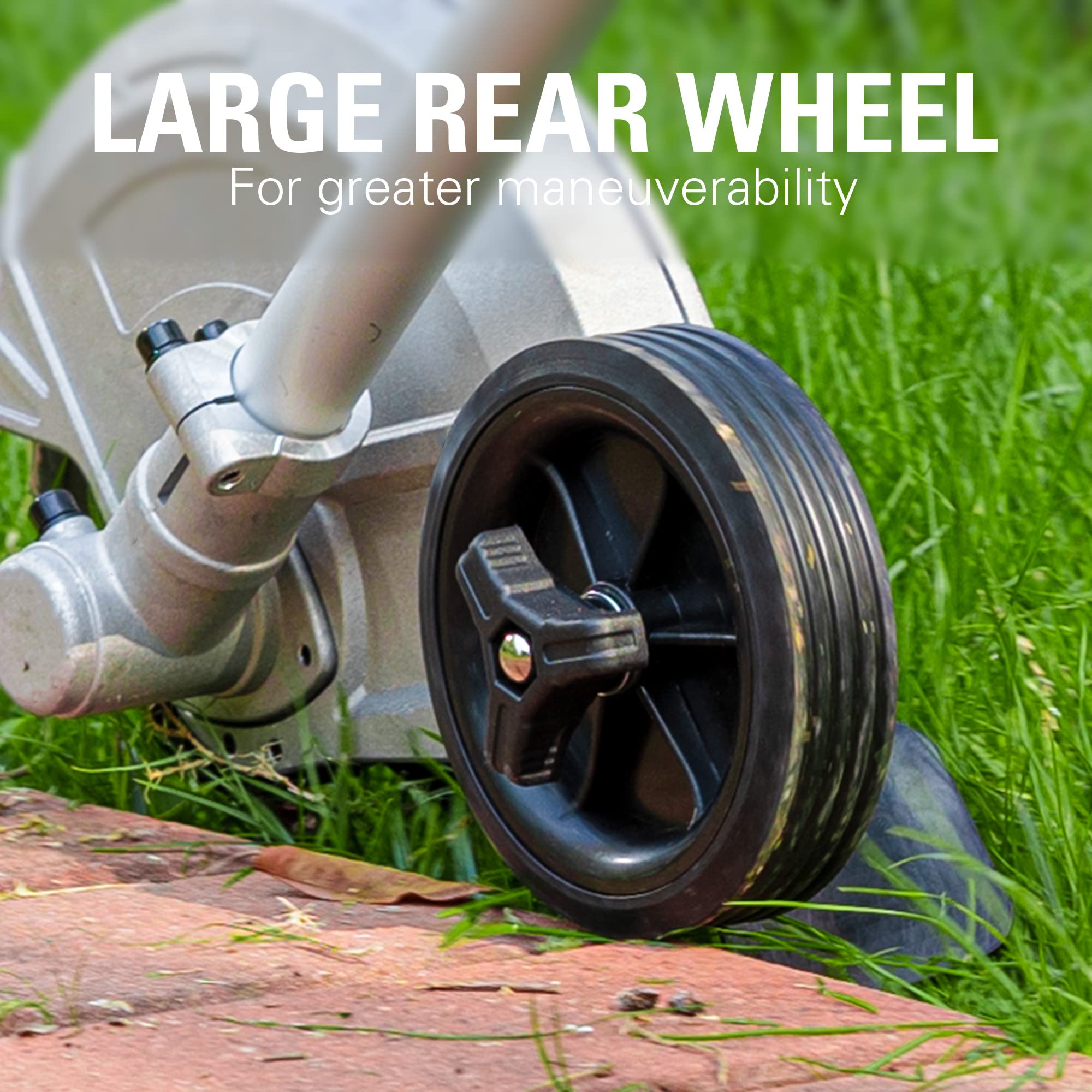Greenworks large rear wheel and steel skid plate for improved stability and control