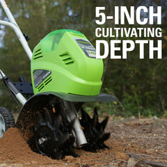 Greenworks 6-inch rear wheels for smooth yard transport and easier maneuvering