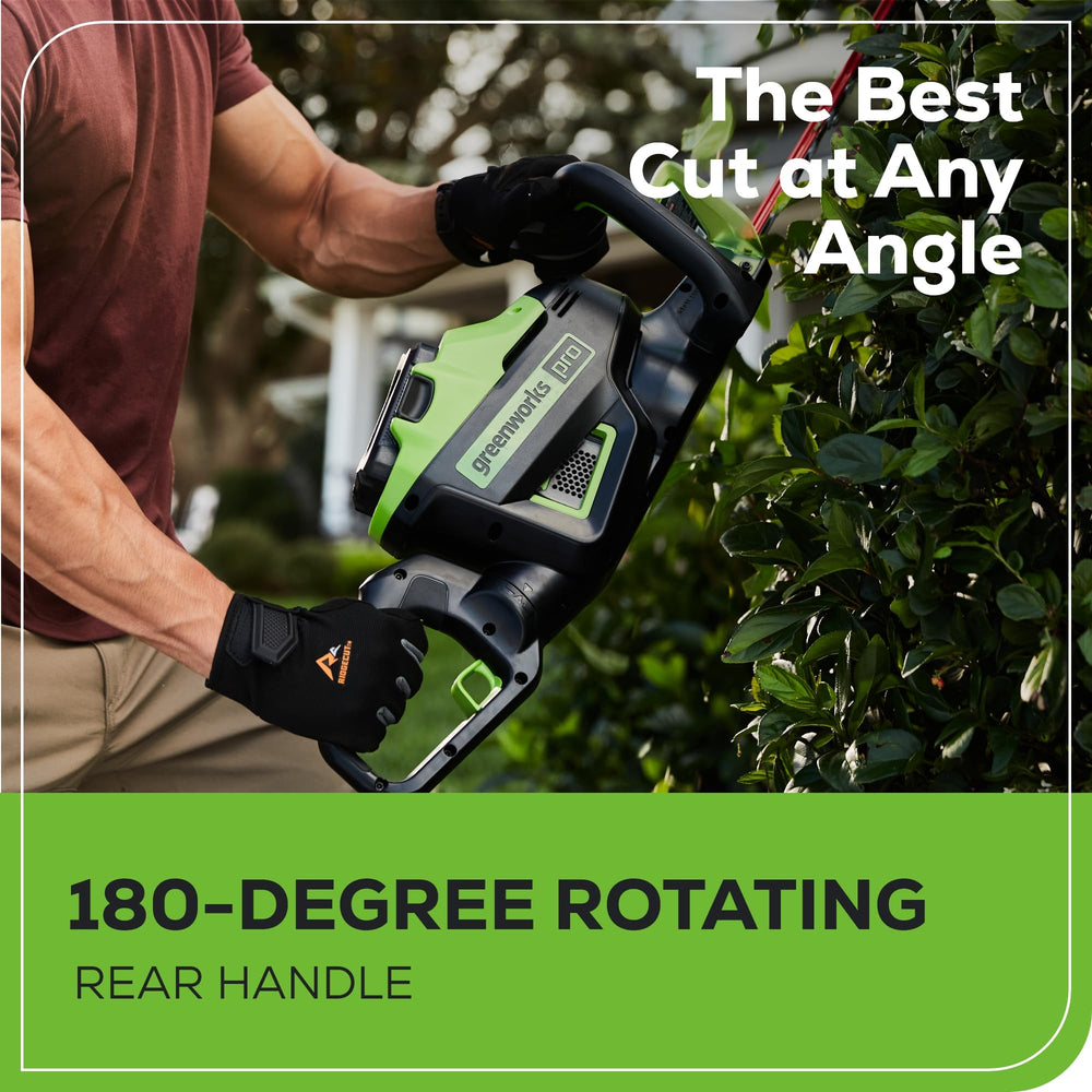 Greenworks rotating rear handle detail for comfortable angled cutting