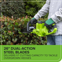 Greenworks rear handle rotated for vertical cuts showing ergonomic benefit