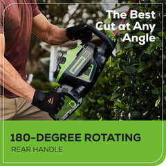 Greenworks rotating rear handle detail for comfortable angled cutting
