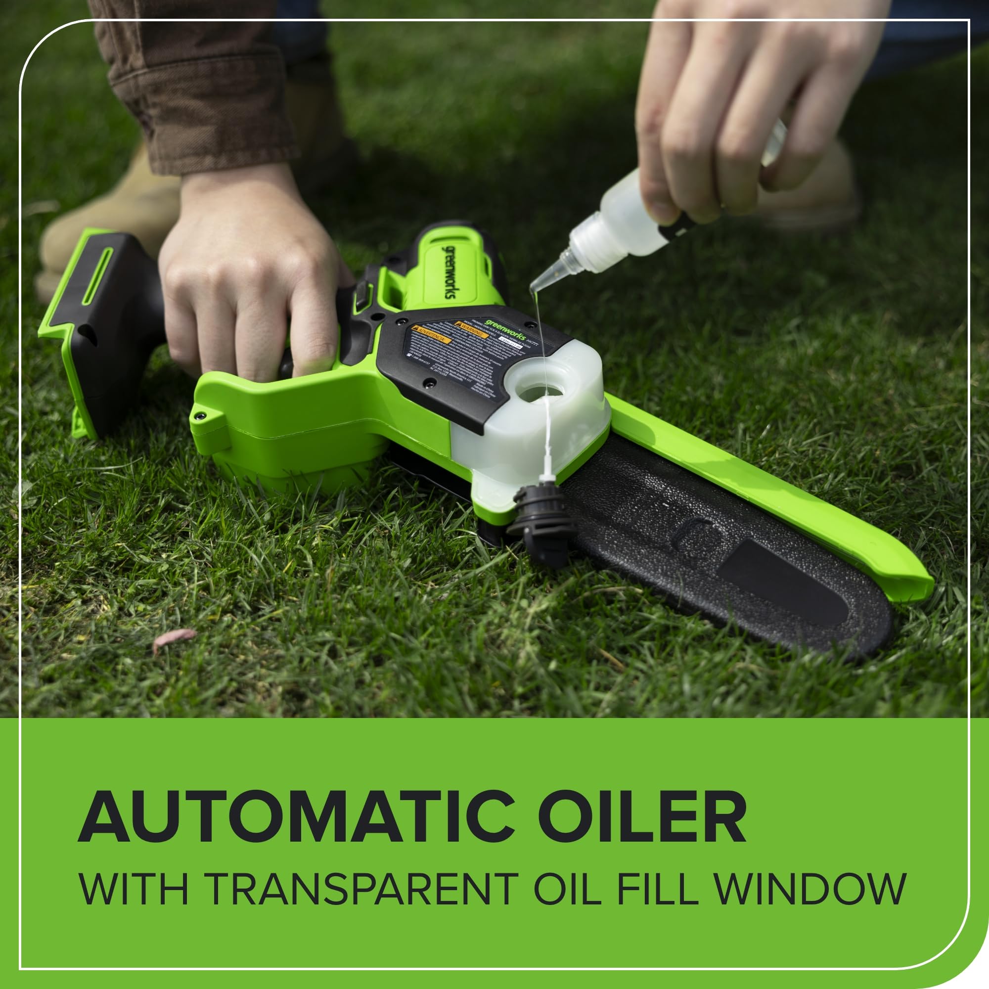 Greenworks saw held in hand showing light 3.4 lb weight for easier control