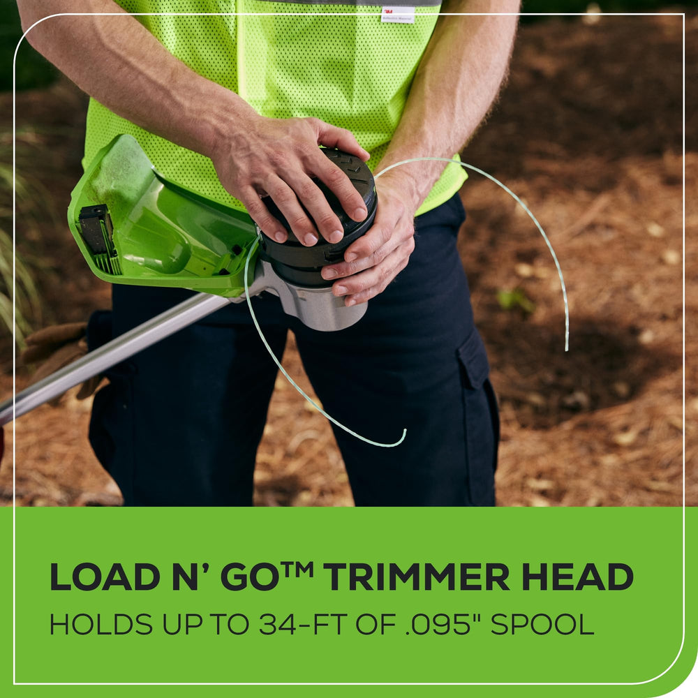 Greenworks shaft and handle detail showing balance and ergonomic benefit