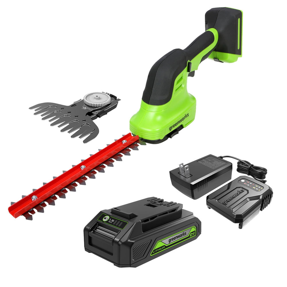 Greenworks shear shrubber front view showing compact cordless design and portability