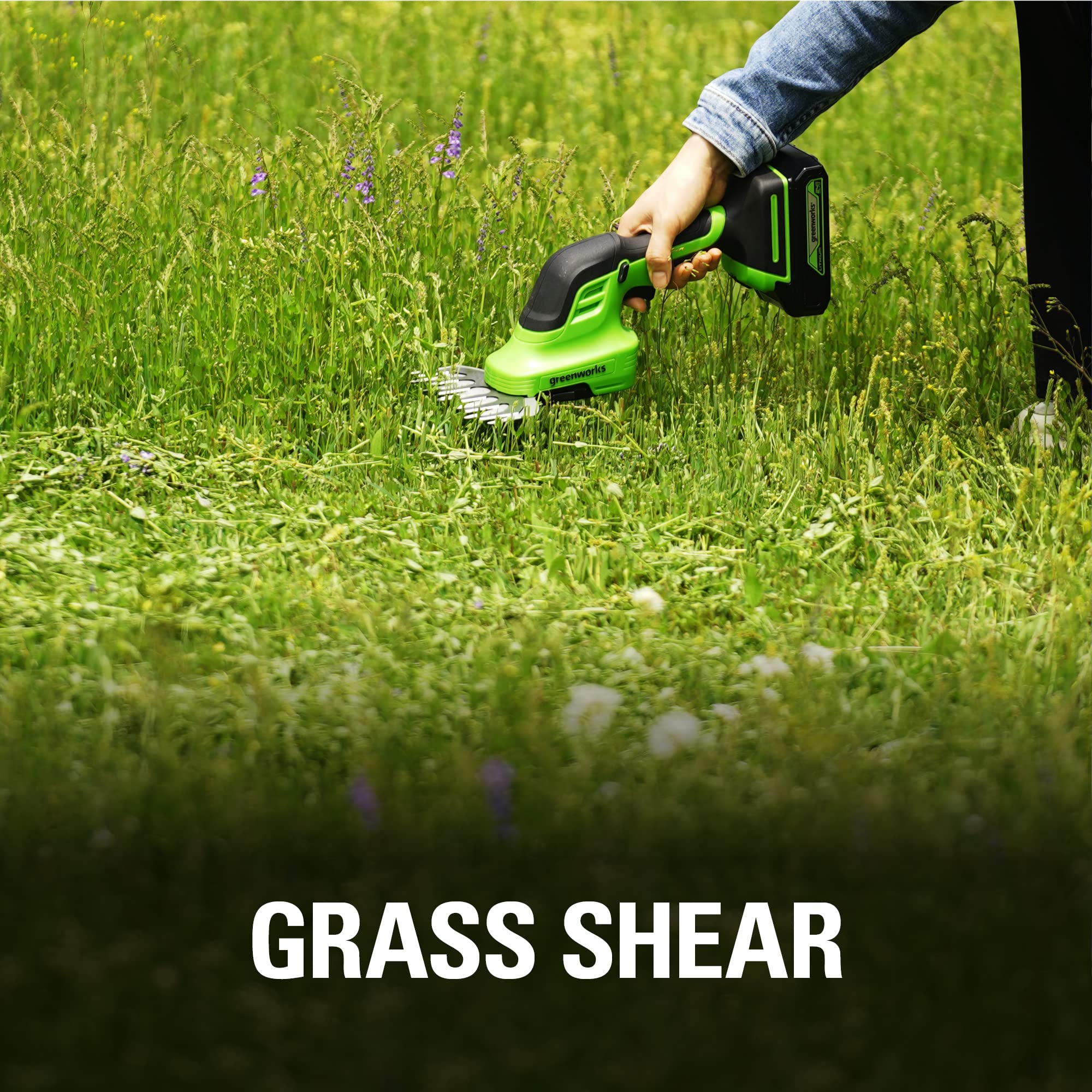 Greenworks shear shrubber pruning ornamental shrub showing efficient detail trimming