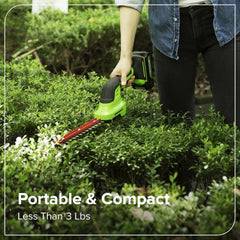 Greenworks shrubber blade close-up showing 8.5-inch steel blades for clean pruning