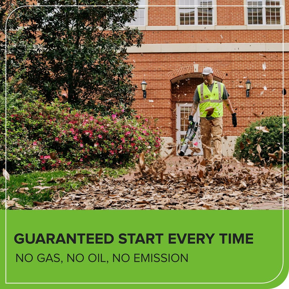 Greenworks blower side angle in handheld use illustrating ergonomic grip for reduced fatigue