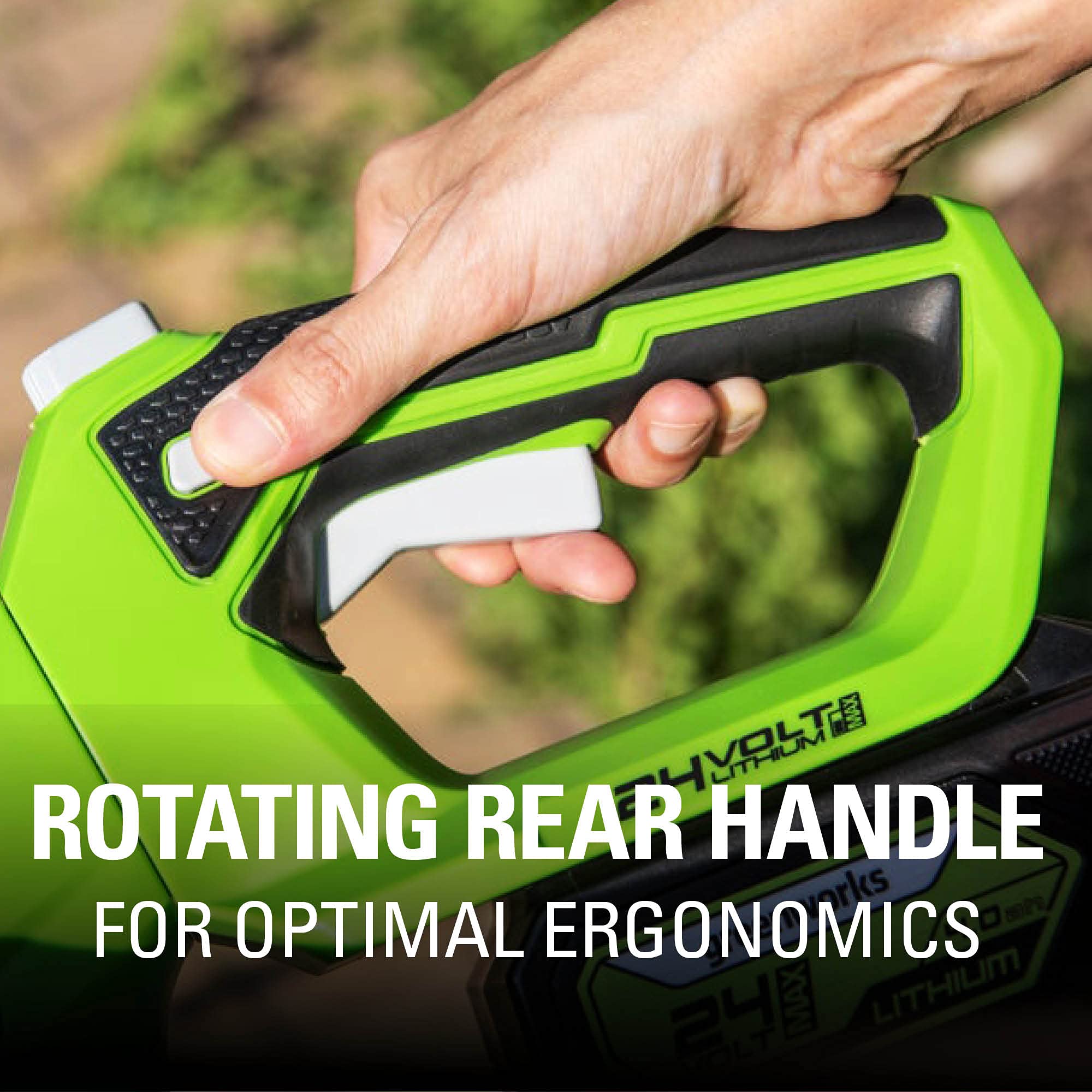 Greenworks side profile highlighting lightweight cordless design