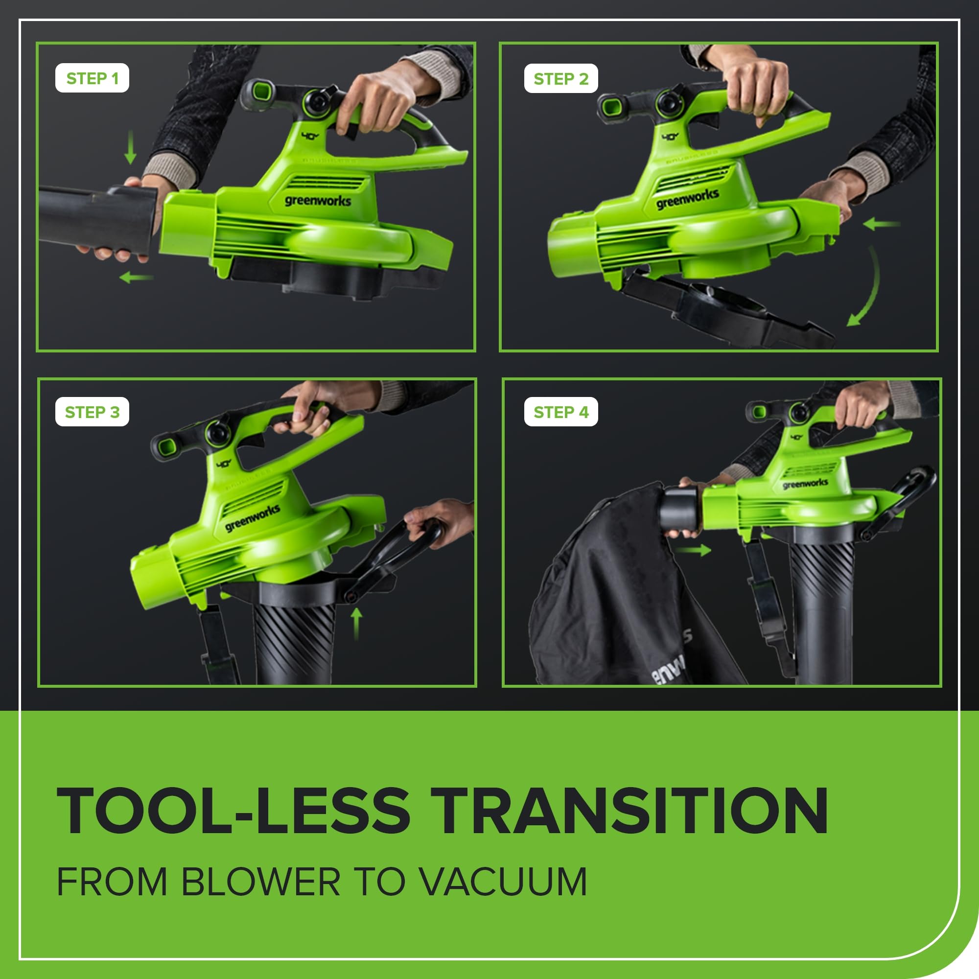Greenworks side profile focused on ergonomic handle reducing operator fatigue