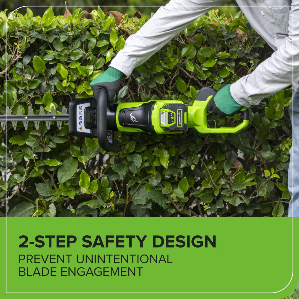 Greenworks trimmer in use trimming hedge showing cleaner edges benefit