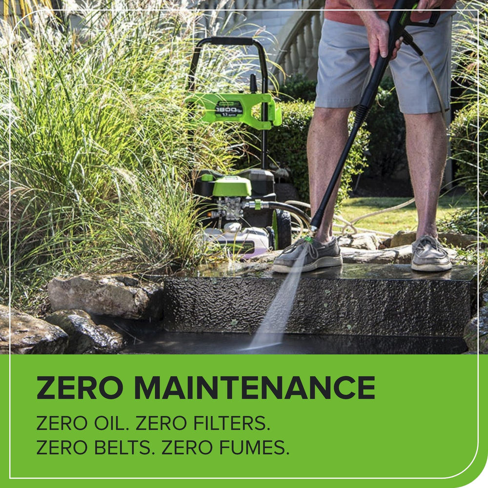 Greenworks siphon hose drawing water from a bucket for off-grid cleaning use