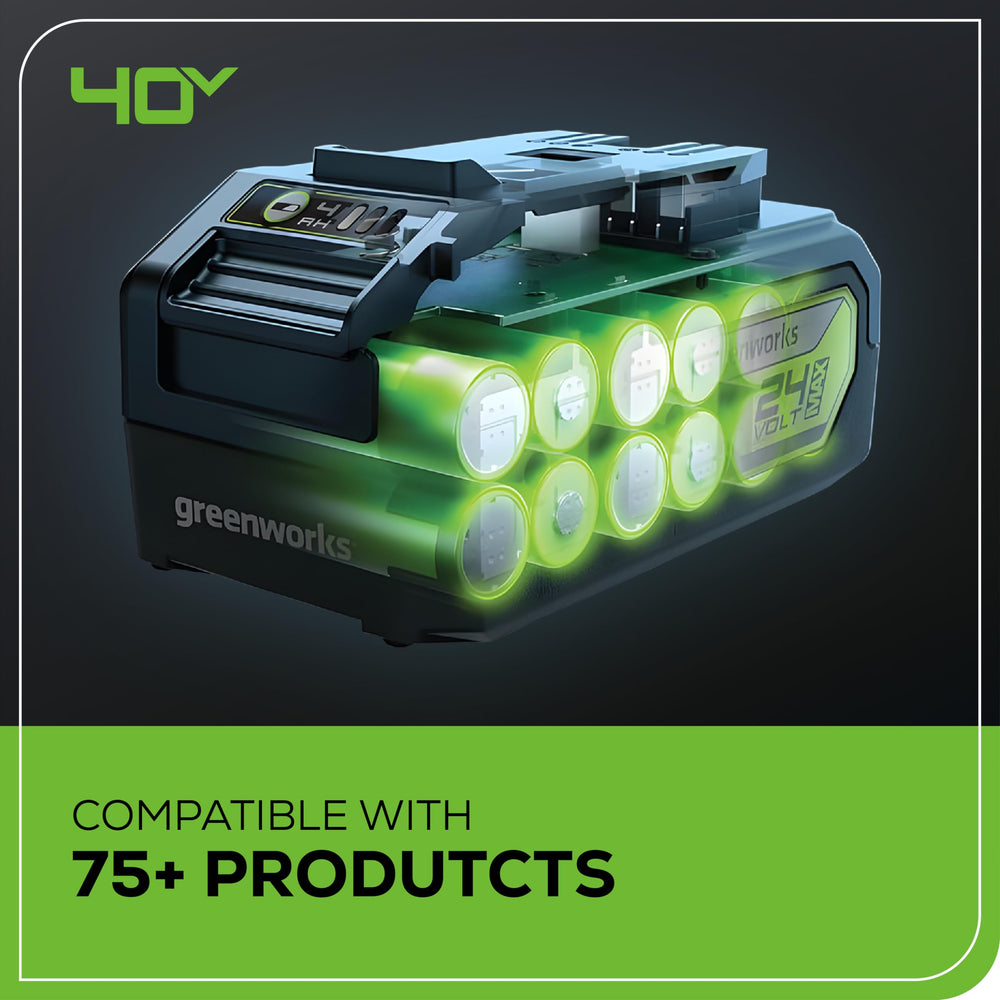 Greenworks size comparison beside person showing lightweight portability