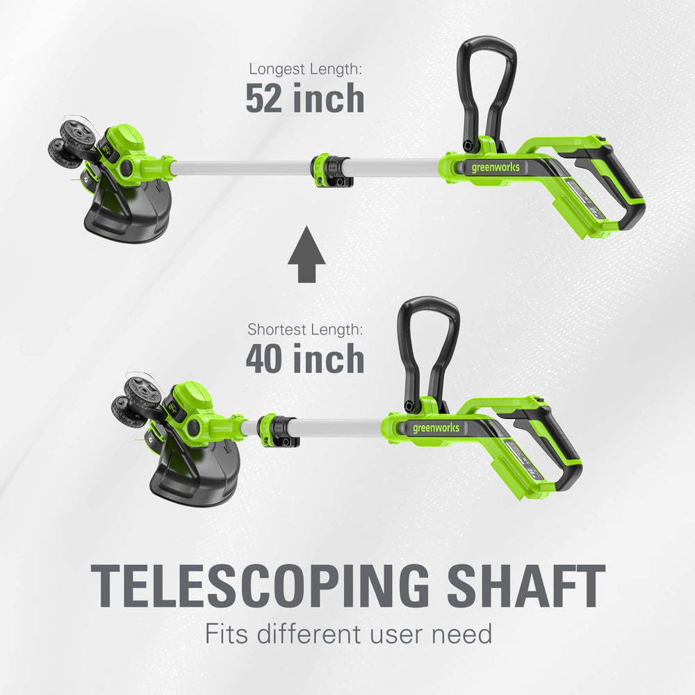 Greenworks tools beside a ruler for scale illustrating compact, portable sizing