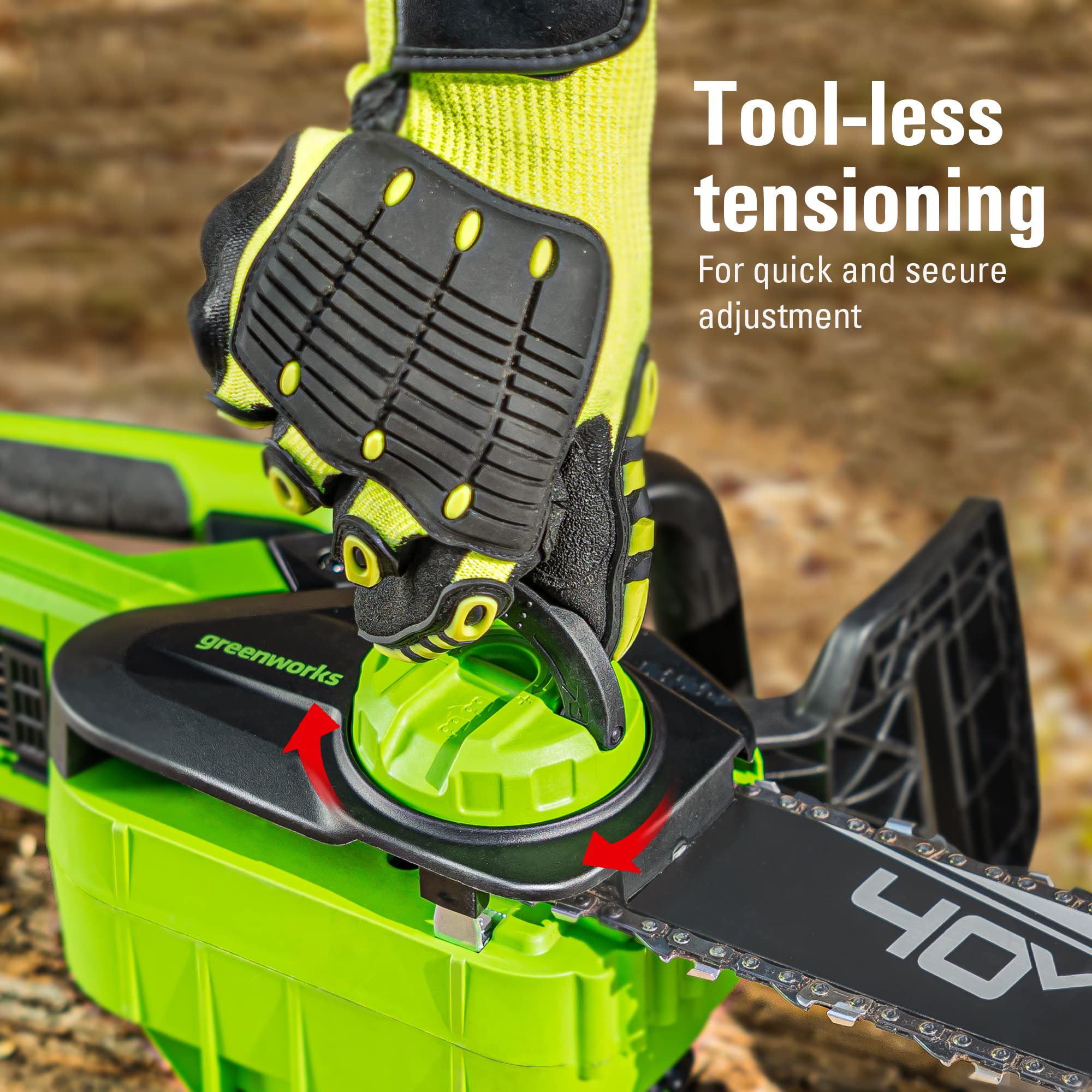 Greenworks chainsaw next to tape measure showing scale for quick size reference