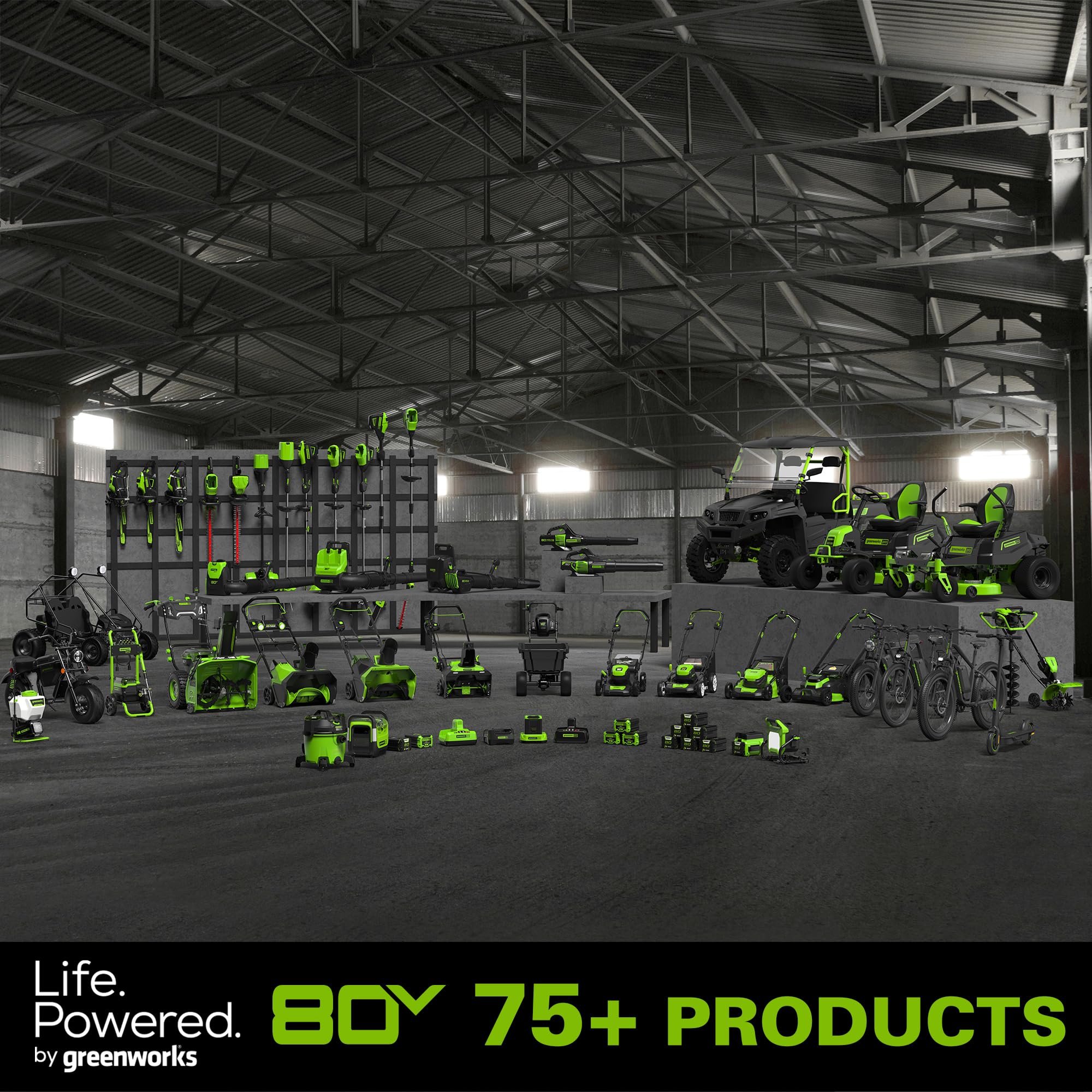 Greenworks blower size comparison next to rake showing compact portability
