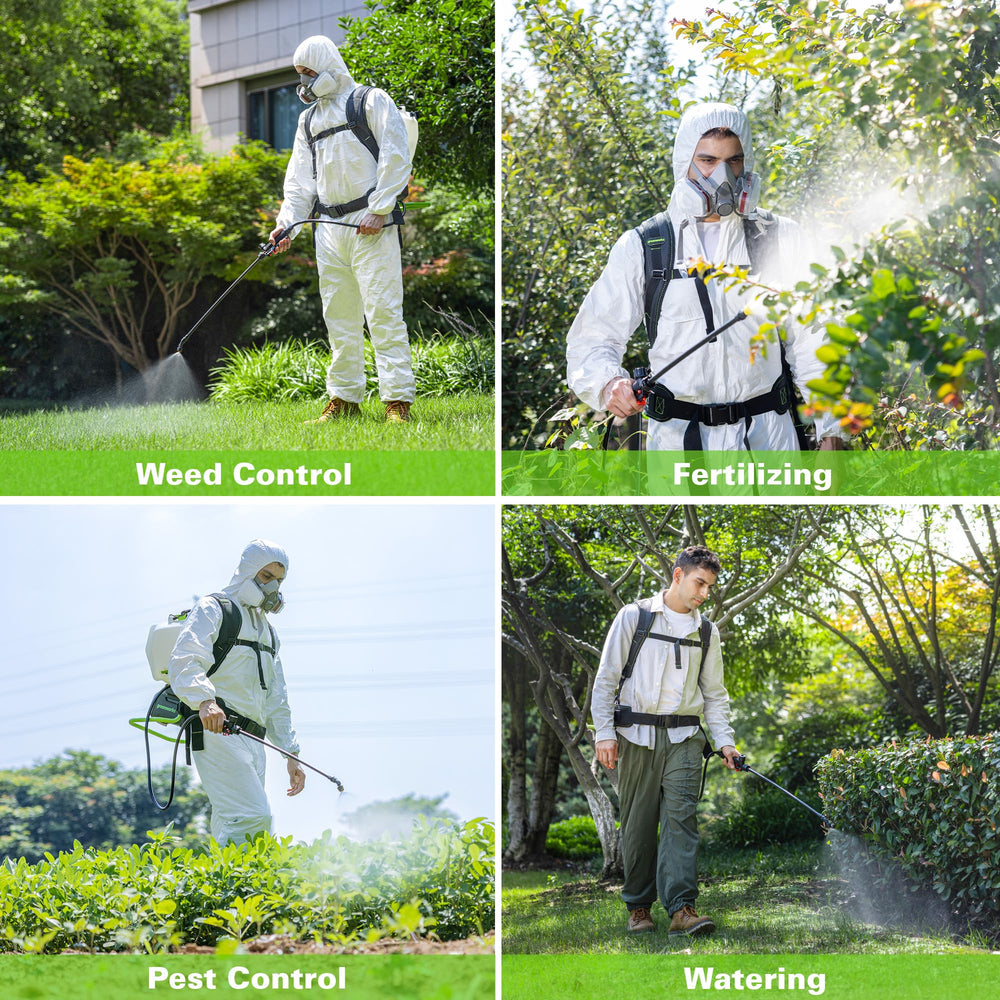 Greenworks sprayer next to garden tools showing scale and 4-gallon tank capacity