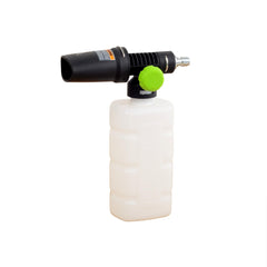 Greenworks soap applicator front view showing durable housing and nozzle, easy setup benefit