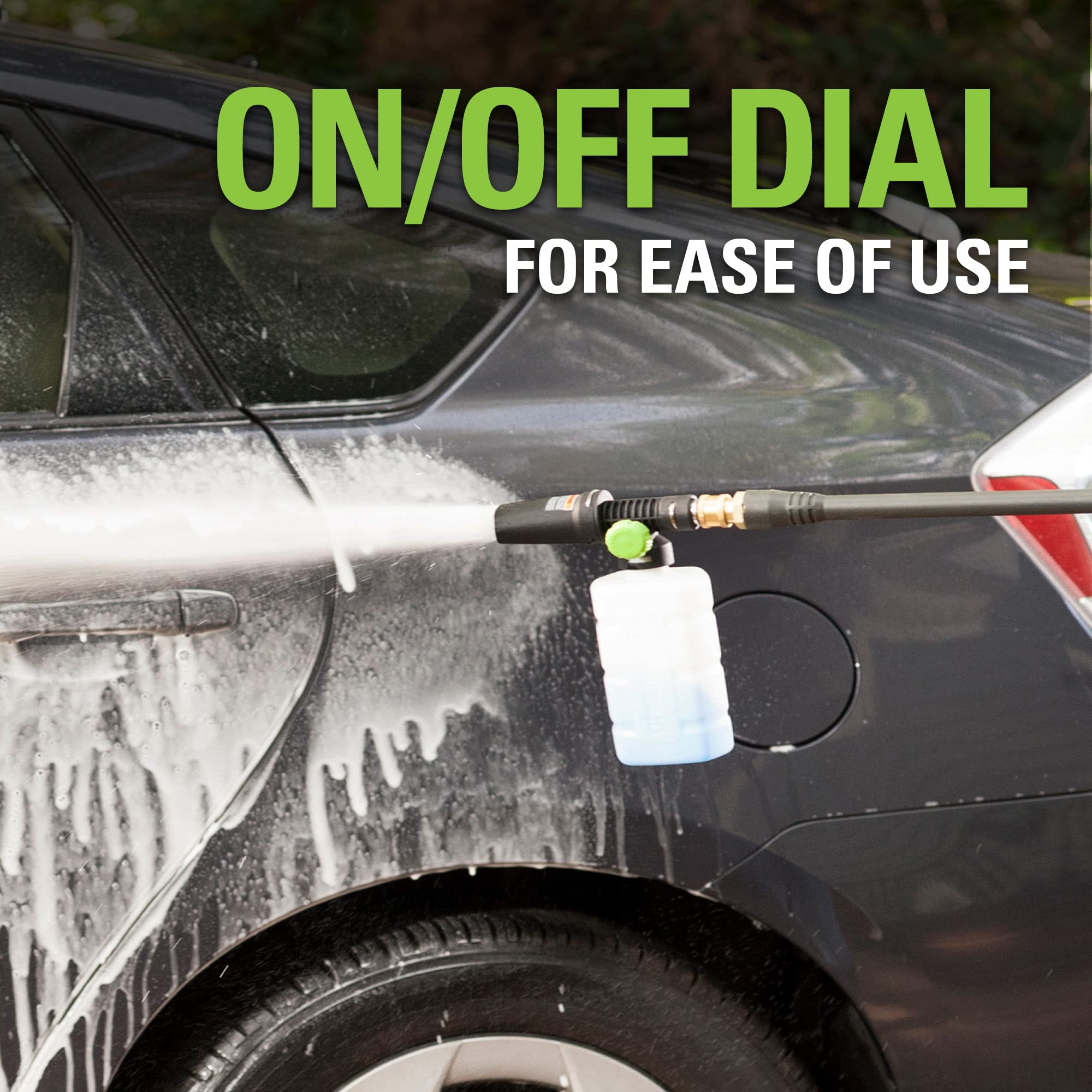 Greenworks applicator in use washing a car to speed up detergenting and reduce scrubbing benefit