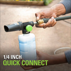 Greenworks applicator held beside ruler for scale to show compact portable size benefit